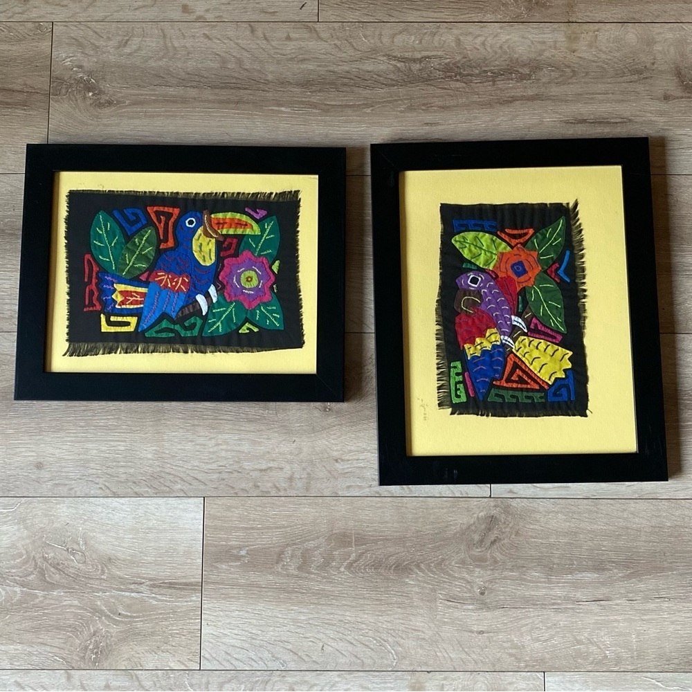 Vintage Mola Molita Kuna Framed Textile Fiber Art South American parrot folk art